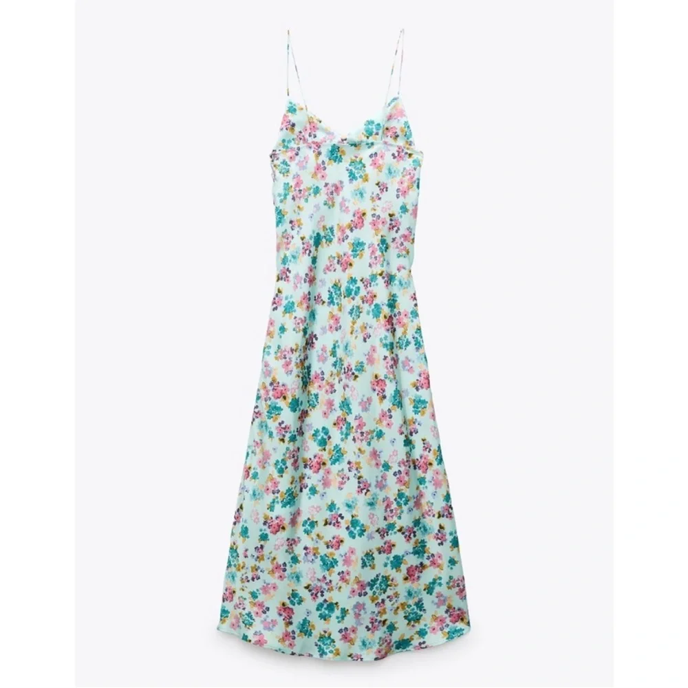 Zara Floral Printed Midi/Maxi Slip Side Tie Tank Dress Light Blue Pink Size S - Picture 3 of 12